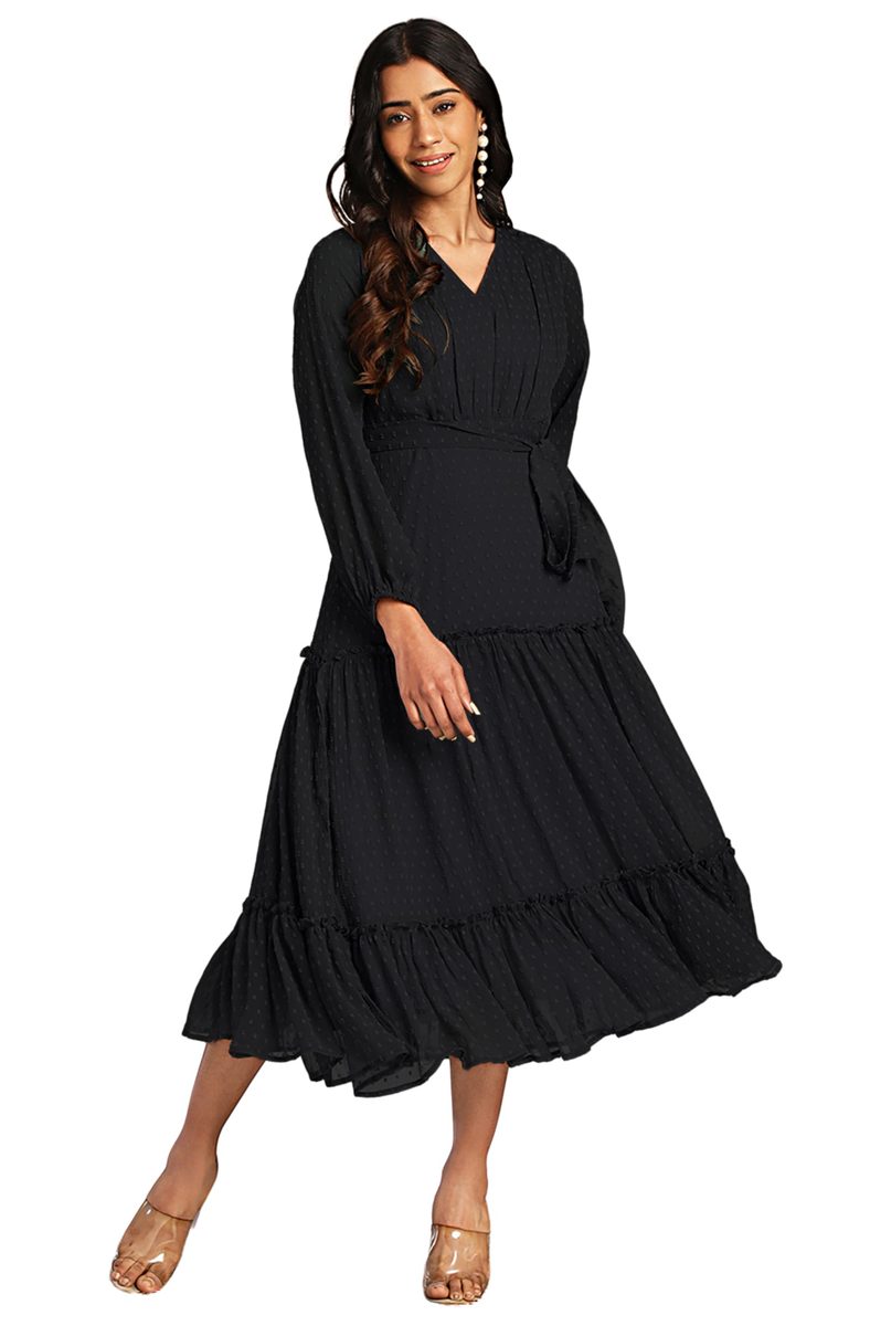 Janasya | Women's Dobby Chiffon Woven Design Tiered Dress