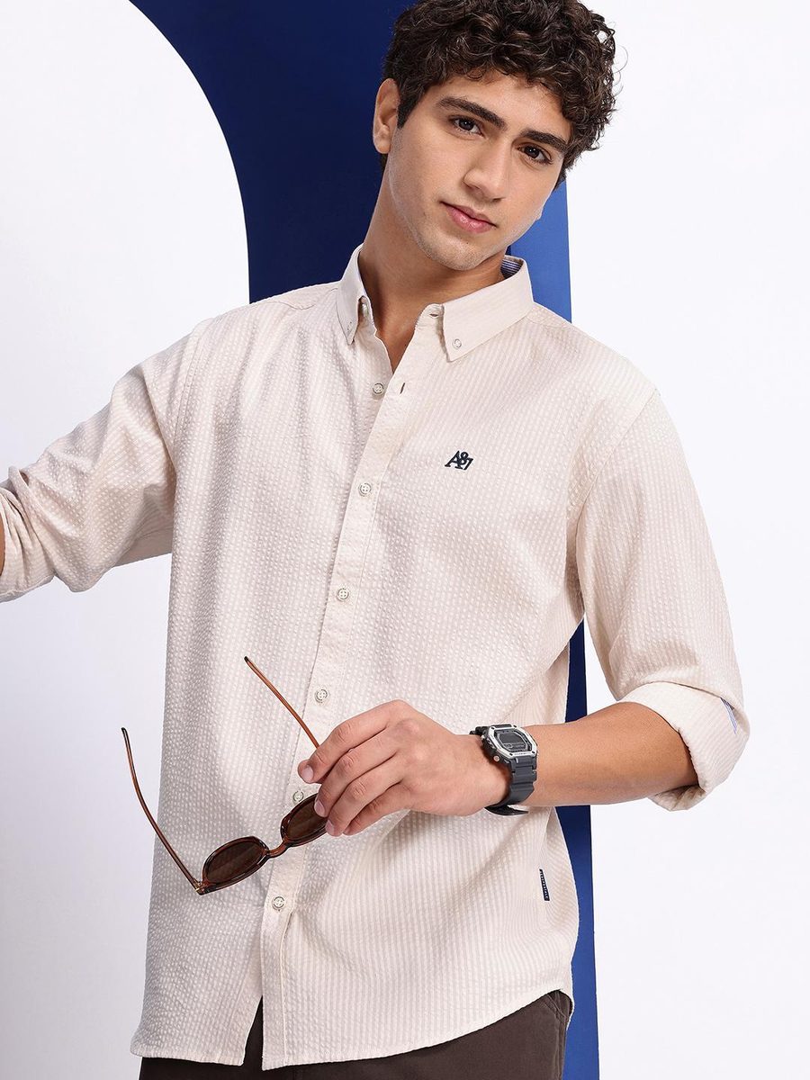 Aeropostale | Self Striped Button-Down Collar Seersucker Casual Shirt