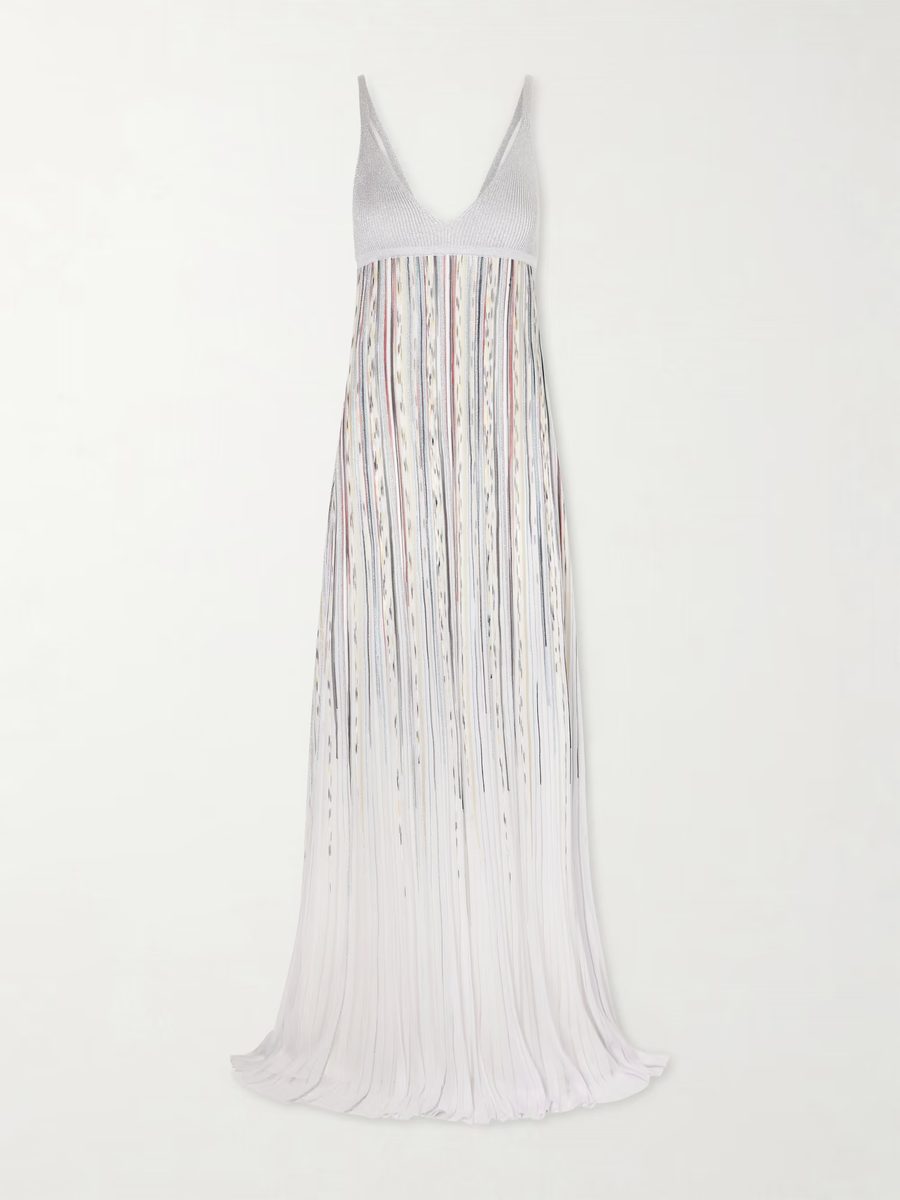 Missoni | Pleated striped metallic ribbed-knit maxi dress