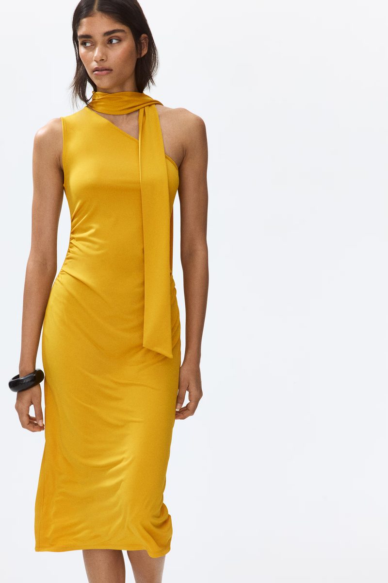 H&M | Women's Mustard yellow Scarf-collar one-shoulder dress | H&M IN