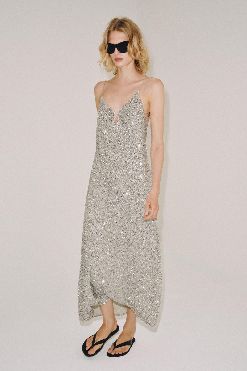 ZARA | Silver Sequin Spaghetti Strap Gown